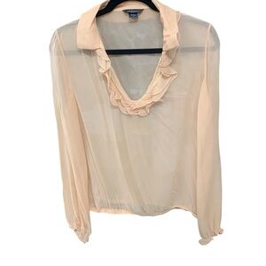 Moda International Blush Pink Ruffle Long Puff Sleeve See Thru 100% Silk Sz Sm‎